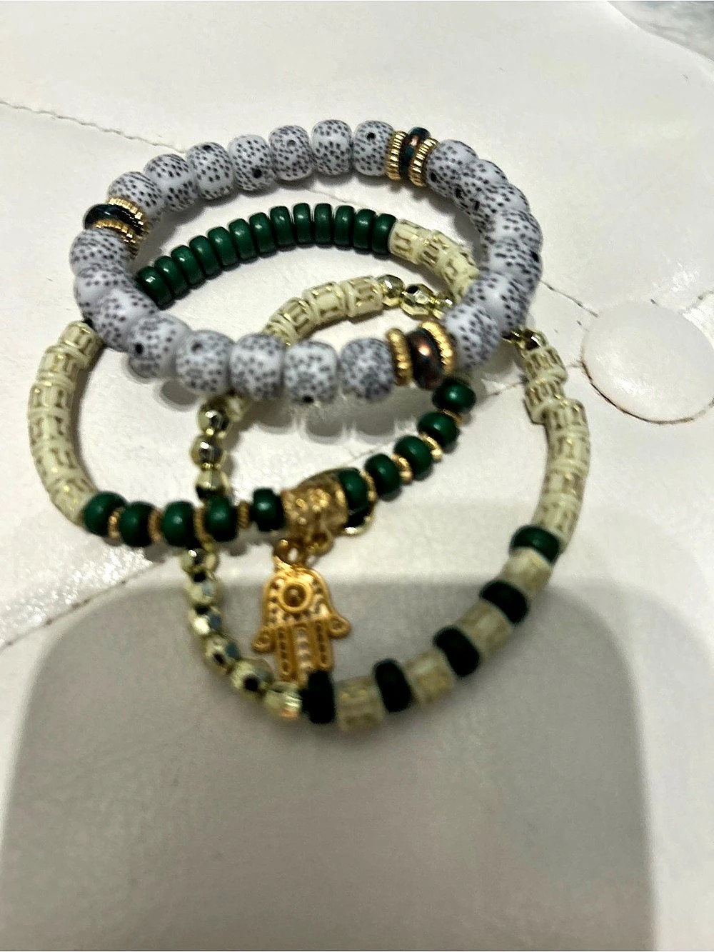 Green & Gold Beaded Bracelet Stack Like New